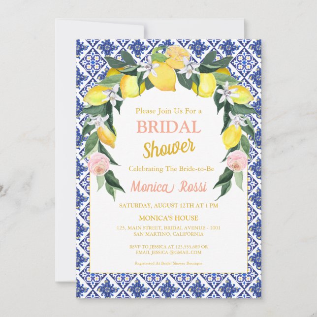  Blue Italian Tiles Lemon Summer Bridal Shower  Invitation (Front)