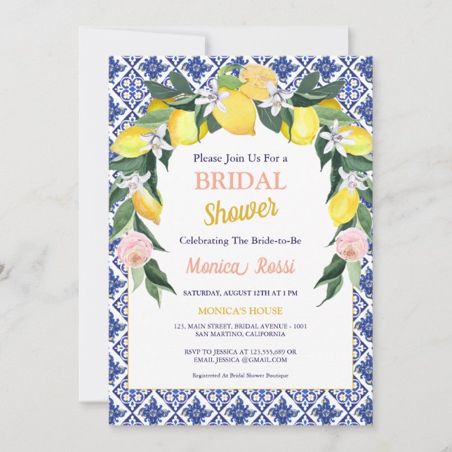  Blue Italian Tiles Lemon Summer Bridal Shower  Invitation (Front)