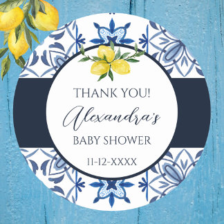 Blue Italian Yellow Lemon Baby Shower Thank You Classic Round Sticker