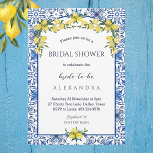 Blue Italian Yellow Lemon Bridal Shower Invitation