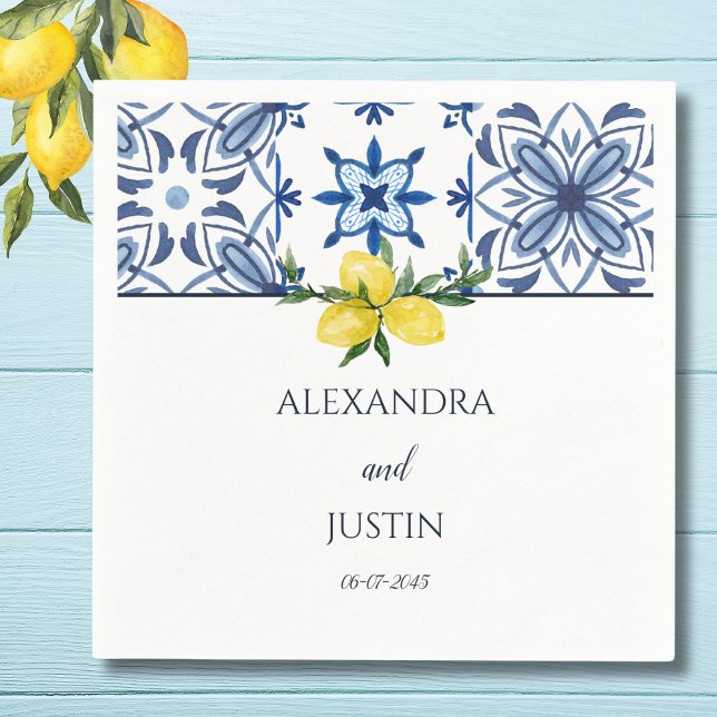 Blue Italian Yellow Lemon Mediterranean Wedding Napkin (Creator Uploaded)