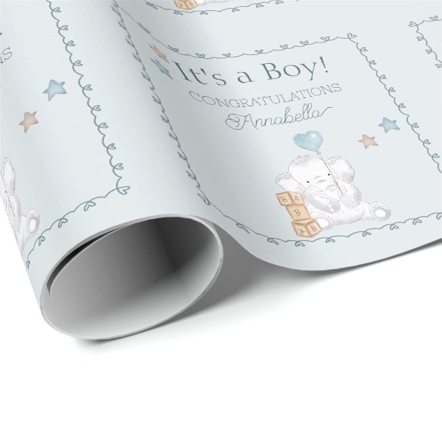 Blue It's a Boy Baby Elephant Watercolor  Wrapping Paper (Roll Corner)