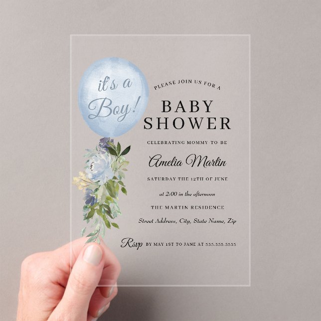 Blue It's a Boy Balloon Baby Shower  Acrylic Invitations (Insitu (Handheld))