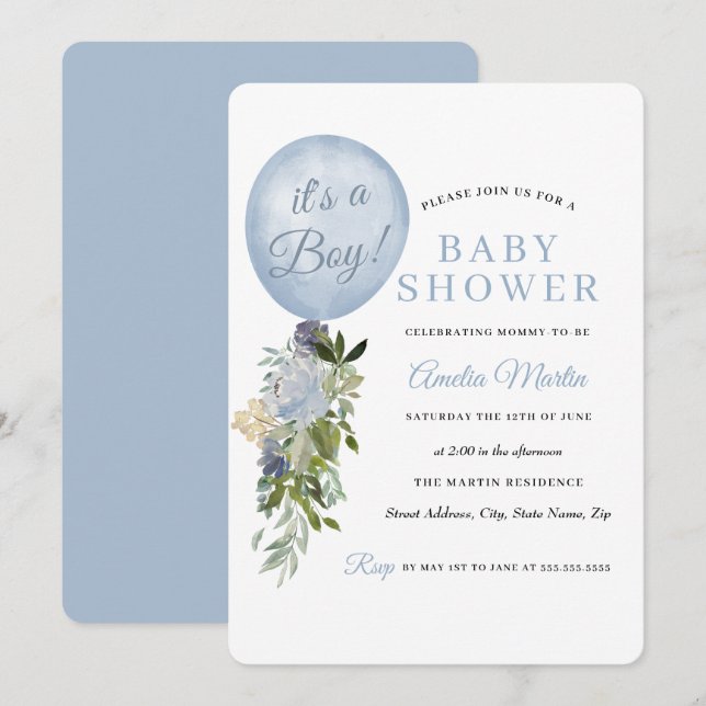 Blue It's a Boy Balloon Baby Shower Invitation (Front/Back)
