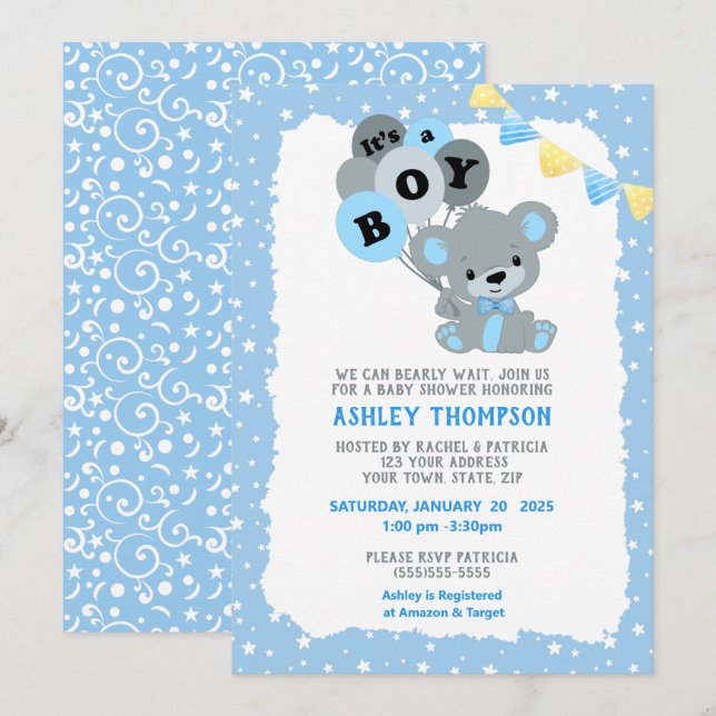 Blue It's a Boy Bear Balloons Baby Shower   Invitation (Front/Back)
