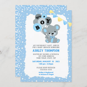 Blue It's a Boy Bear Balloons Baby Shower   Invitation