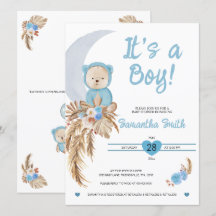 Blue It's A Boy Boho Bear Moon Baby Shower