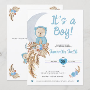 Blue It's A Boy Boho Bear Moon Baby Shower Invitation