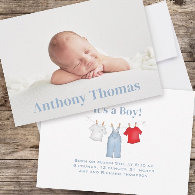Blue It's a Boy Cute Clothesline Custom Announcement (Creator Uploaded)