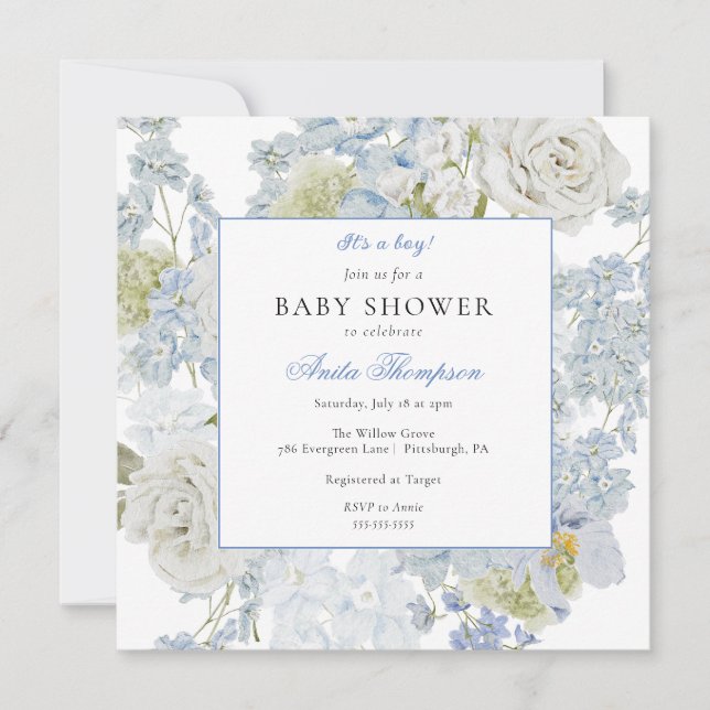 Blue It's a Boy Floral Bow Baby Shower Invitation (Front)
