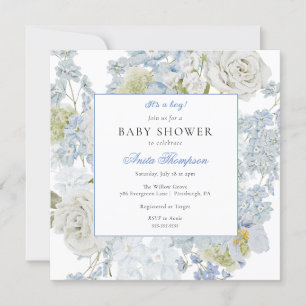 Blue It's a Boy Floral Bow Baby Shower Invitation