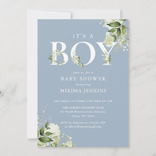 Blue Its A Boy Greenery All In One Baby Shower Invitation