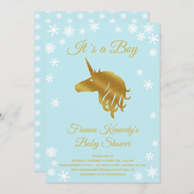 Blue It's a Boy Unicorn Winter Baby Shower Invitation (Front/Back)