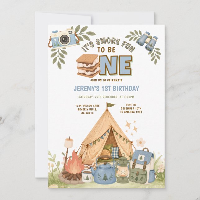 Blue It's Smore Fun to Be One Birthday Marshmallow Invitation (Front)