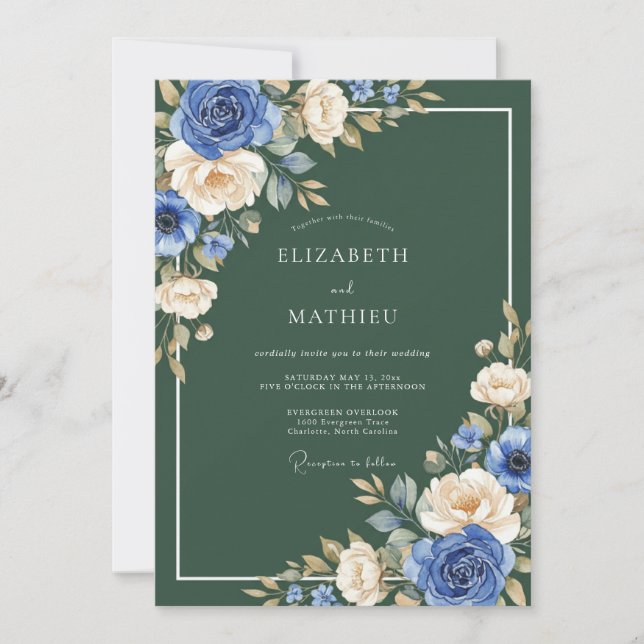 Blue Ivory Botanical Swirl Wedding Invitation (Front)