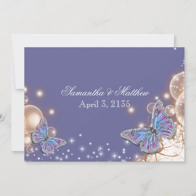Blue ivory butterfly wedding invitation (Front)