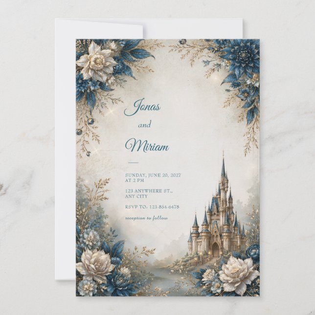 Blue Ivory Castle Wedding Invitation (Front)