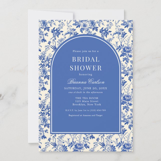 Blue Ivory Chinoiserie Floral Bridal Shower Invitation (Front)