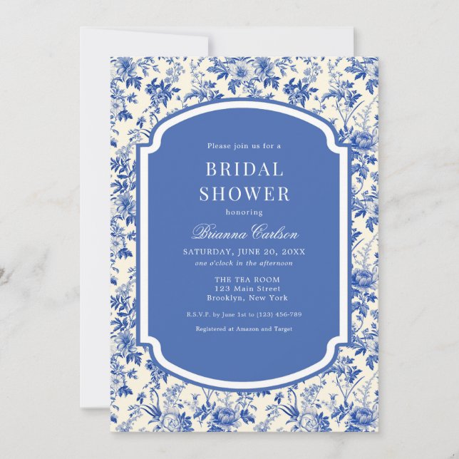 Blue Ivory Chinoiserie Floral Bridal Shower Invitation (Front)