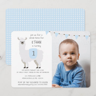 Blue & Ivory Cute Llama Kids Birthday Party Invitation