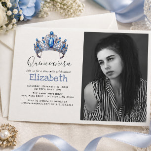 Blue & Ivory Floral Quinceañera Birthday Party Invitation