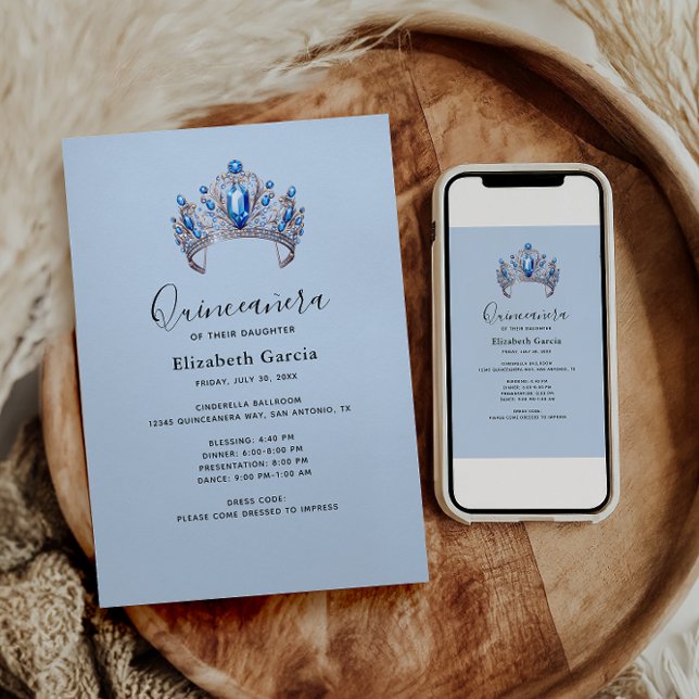 Blue & Ivory Floral Quinceañera Invitation (Creator Uploaded)