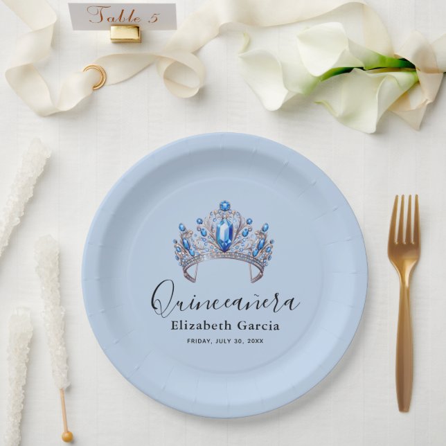 Blue & Ivory Floral Quinceañera Paper Plate (Wedding)
