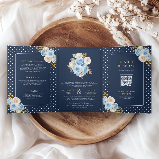 Blue Ivory Floral Roses All in One Navy Wedding Tri-Fold Invitation (Creator Uploaded)