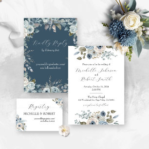 Blue & Ivory Floral Wedding Invitation