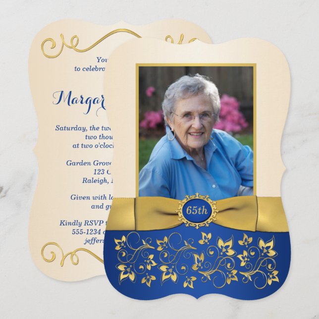 Blue, Ivory, Gold 65th Photo Birthday Invitation (Front/Back)