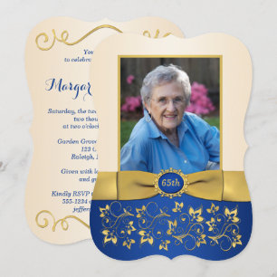 Blue, Ivory, Gold 65th Photo Birthday Invitation