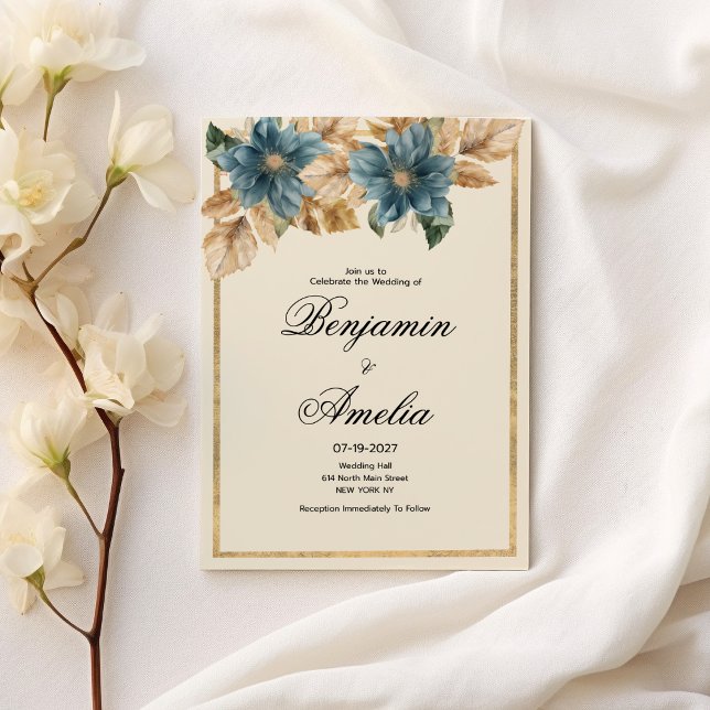 Blue ivory gold fall spring floral Wedding Invitation (Blue ivory gold fall spring floral Wedding)