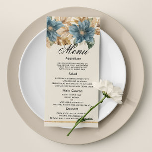 Blue ivory gold fall spring floral Wedding Menu