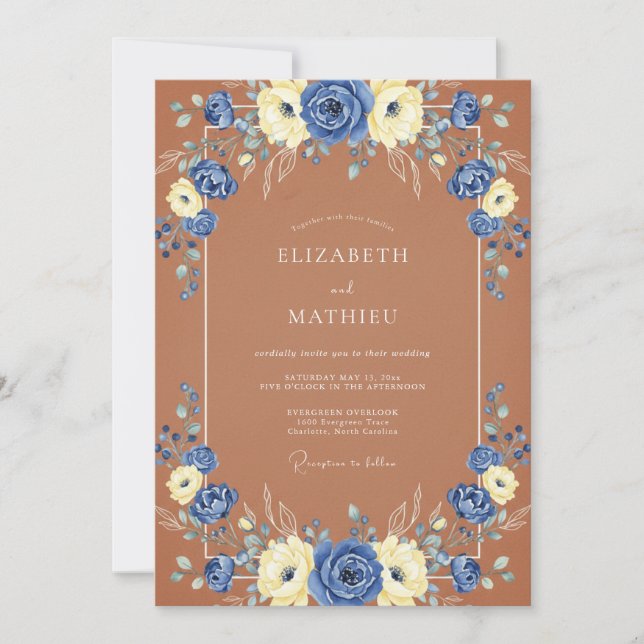 Blue Ivory Romantic Floral Wedding Invitation (Front)