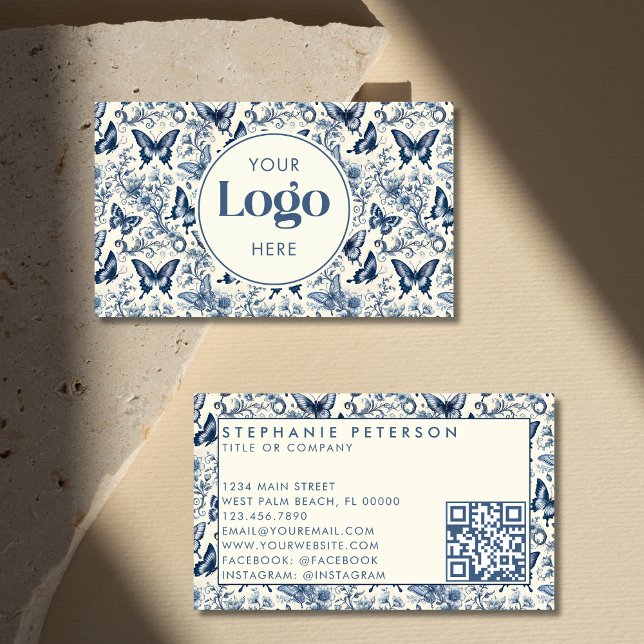 Blue Ivory Toile De Jouy Custom Logo QR Code Business Card (Creator Uploaded)