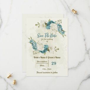 blue ivory white flowers save the date