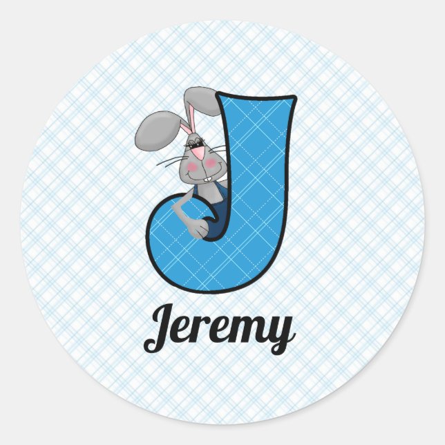 Blue Jackrabbit Monogram Letter J and Name Classic Round Sticker (Front)