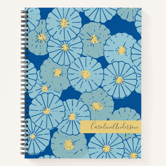 Blue Japanese Floral Illustration Personalised Notebook (Front)