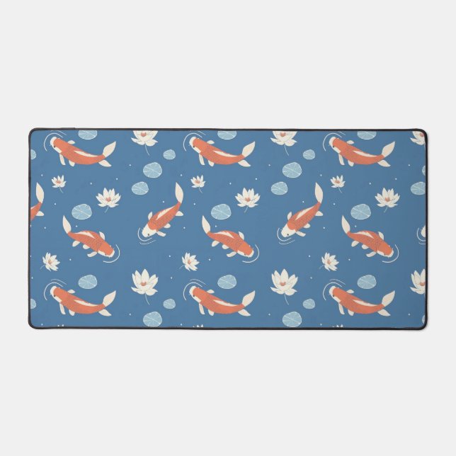 Blue Japanese Koi Fish and Lotus Pond Design  Desk Mat (Front)