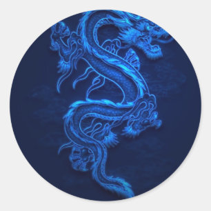 BLUE JAPANESE NEON DRAGON CLASSIC ROUND STICKER