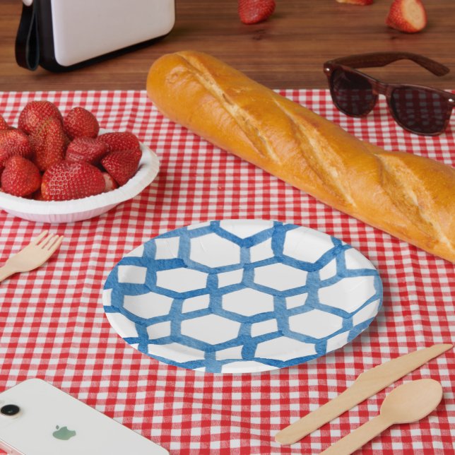 Blue Japanese Shibori polygon watercolor pattern Paper Plate (Picnic)
