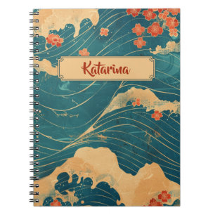 Blue Japanese Wave Cherry Blossoms Classic Pattern Notebook