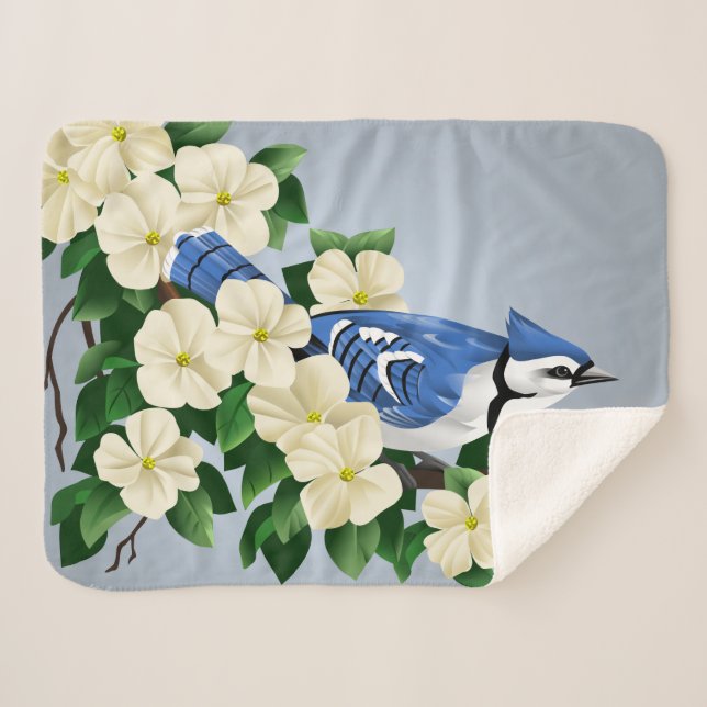 Blue Jay Among Dogwood Flowers Sherpa Blanket (Front (Horizontal))