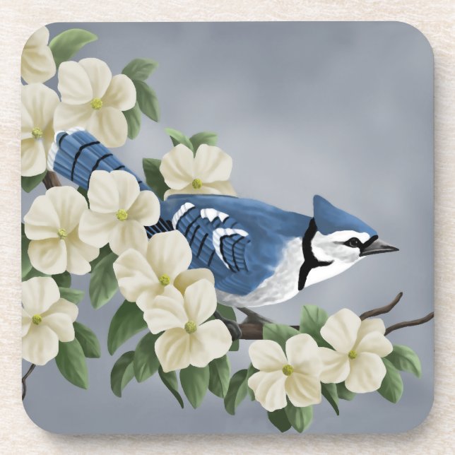 Blue Jay Among Flowers Coaster (Front)