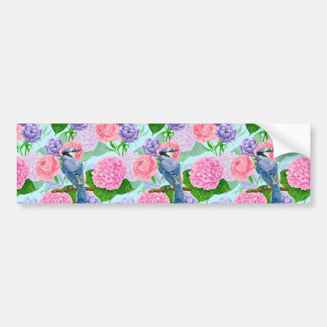Blue jay and flowers watercolor pattern bumper sticker (Front)
