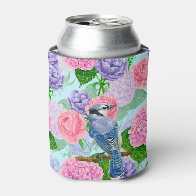 Blue jay and flowers watercolor pattern can cooler (Can Front)