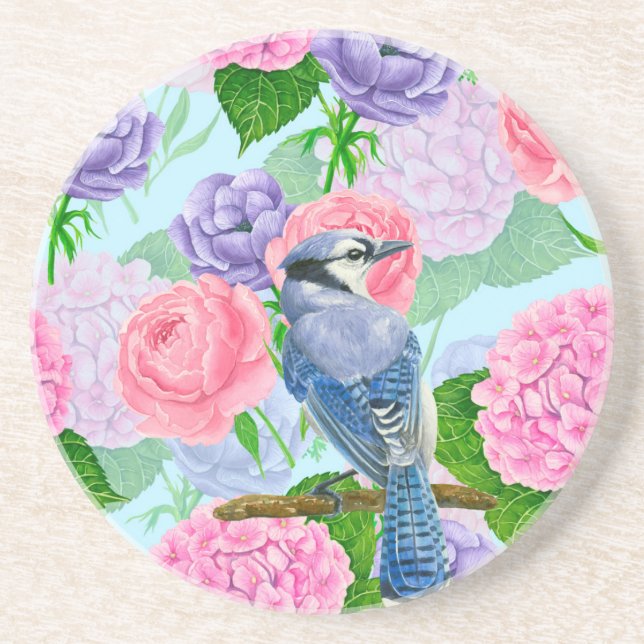 Blue jay and flowers watercolor pattern coaster (Front)