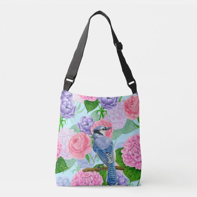 Blue jay and flowers watercolor pattern crossbody bag (Front)
