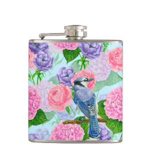 Blue jay and flowers watercolor pattern hip flask