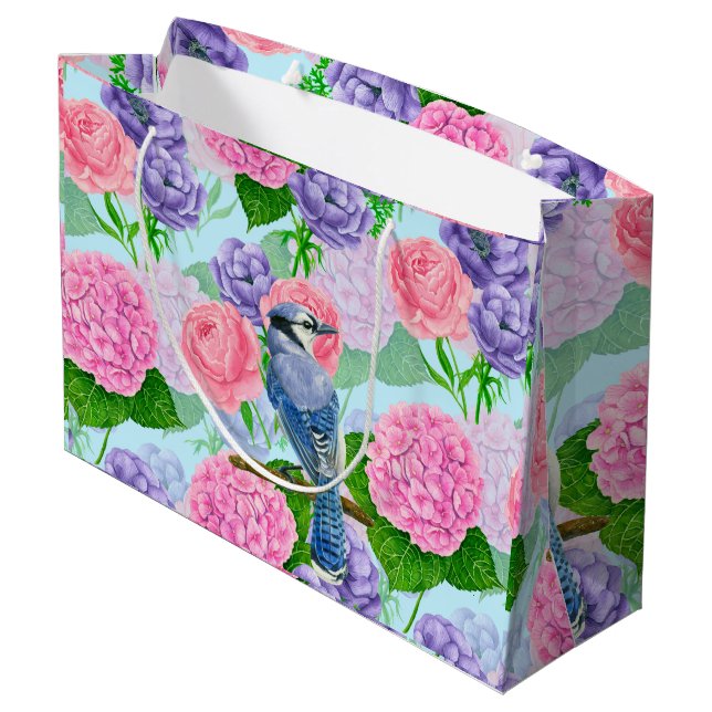 Blue jay and flowers watercolor pattern large gift bag (Back Angled)